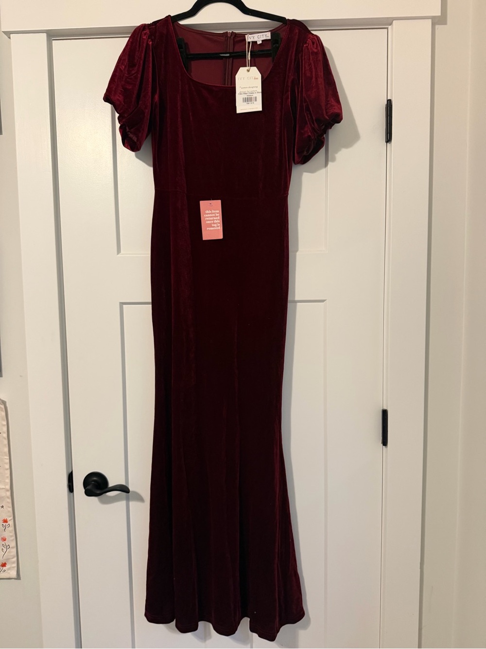 NWT Ivy City Velvet Maxi Dress in Burgundy with Puff Sleeves